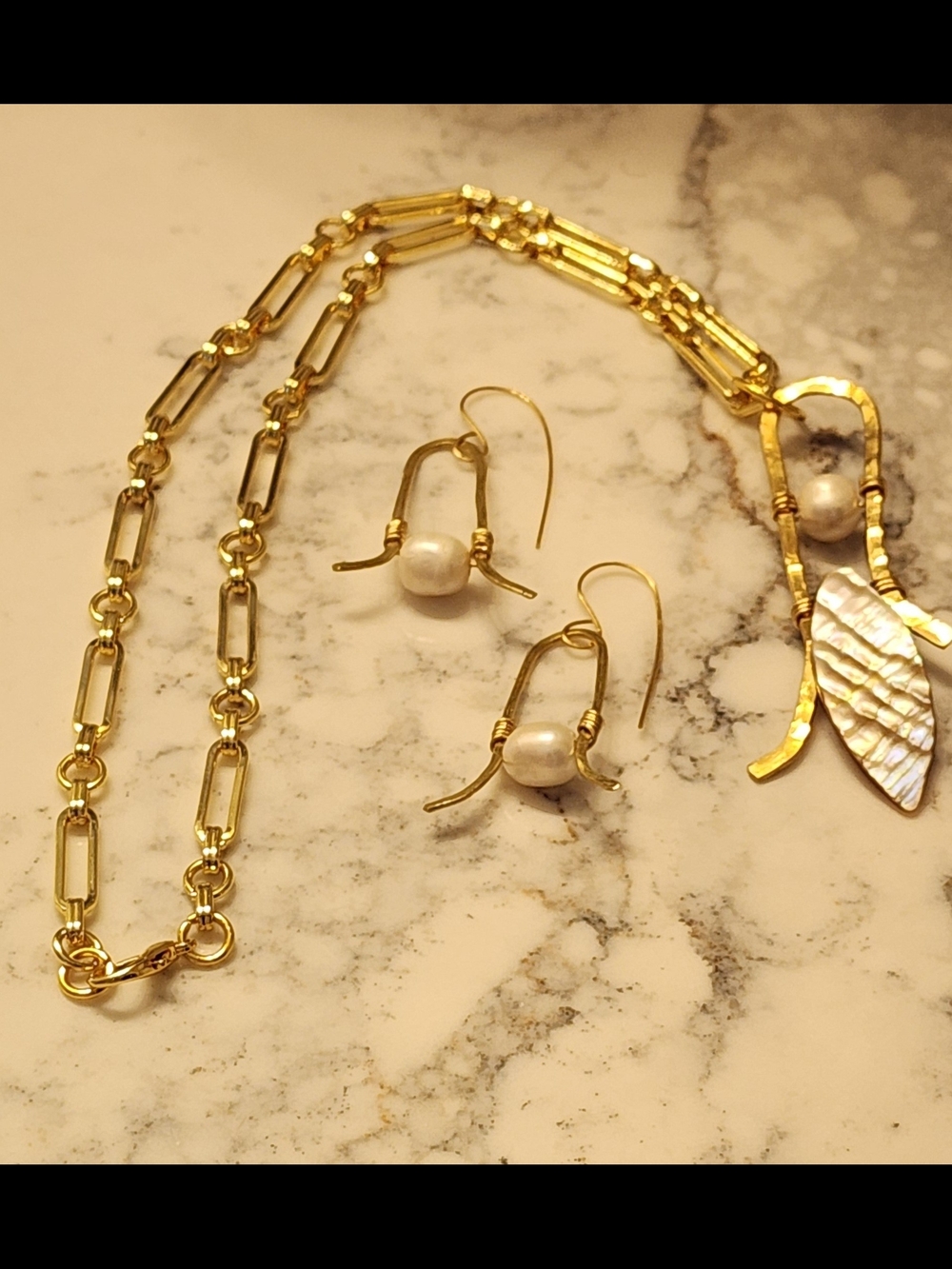 Handmade Hammered Brass  Fresh Water Pearl Drop Necklace and Earrings Set.
